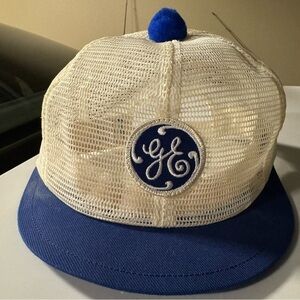 Vintage GE Trucker Hat Blue Pom Pom Snapback Cap 80s Mesh Horizon Sportswear USA